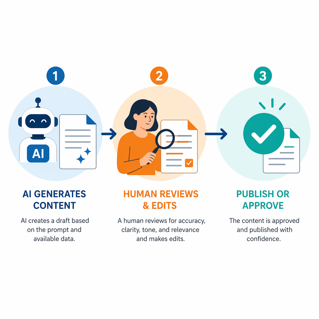 A workflow illustration showing AI content generation flowing into a human review step and then into publication.