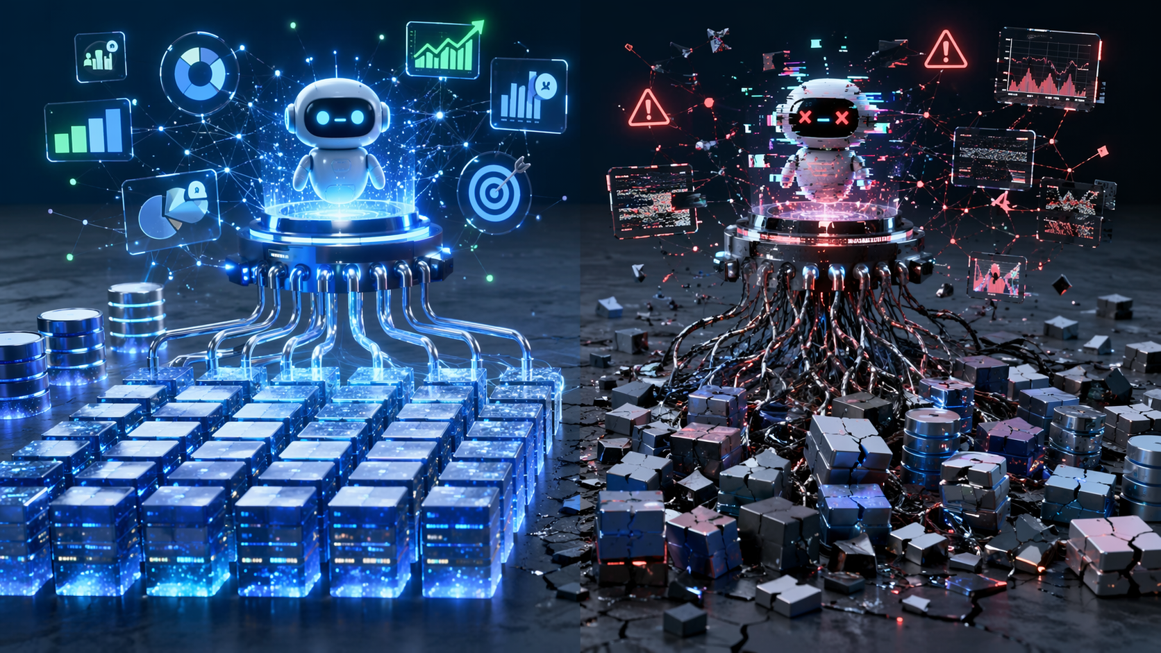 Comparison of clean structured data feeding a strong AI marketing system and fragmented messy data feeding a glitching AI system