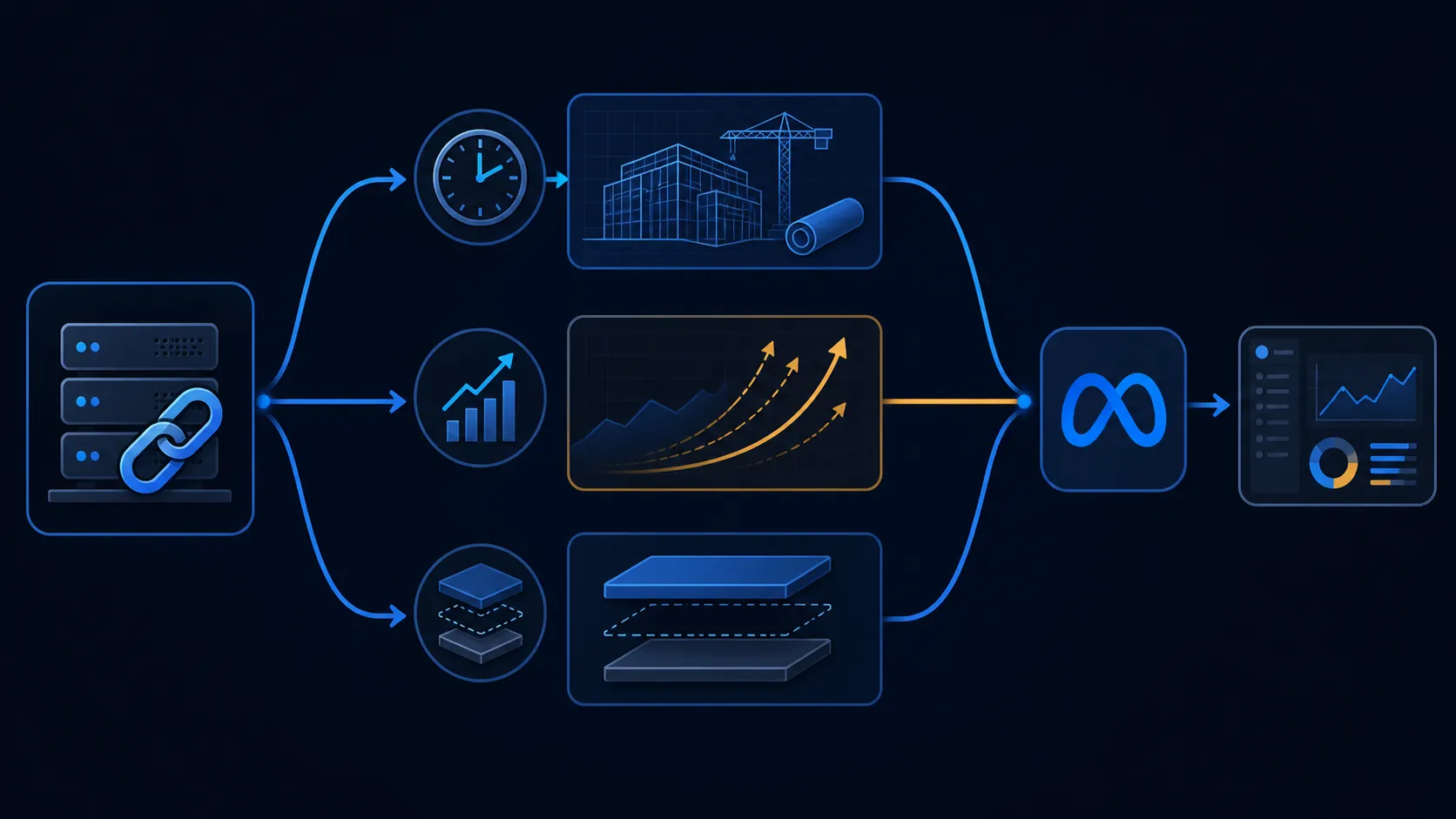 Three risk channels from AI infrastructure into Meta platform systems and advertiser dashboards: capacity delivery, financing stress, and service-level fragmentation