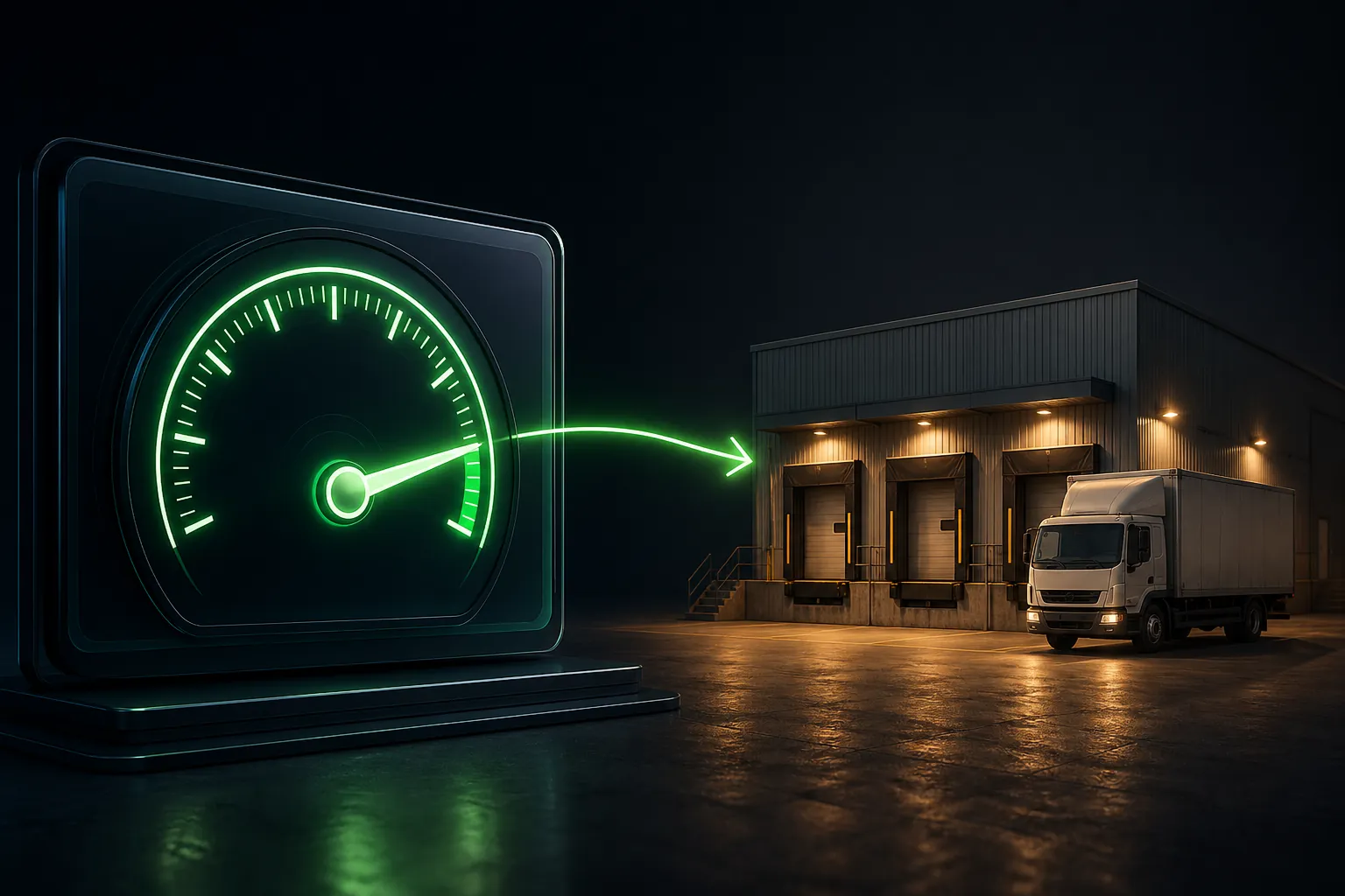 A green dashboard score contrasts with the warehouse and deliveries representing the underlying business outcome