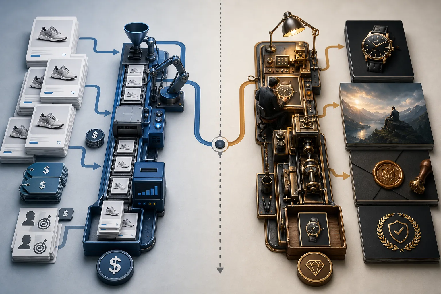 Two ad creative production paths showing repetitive product ads routed to a streamlined production line and premium brand creative routed to a more detailed process