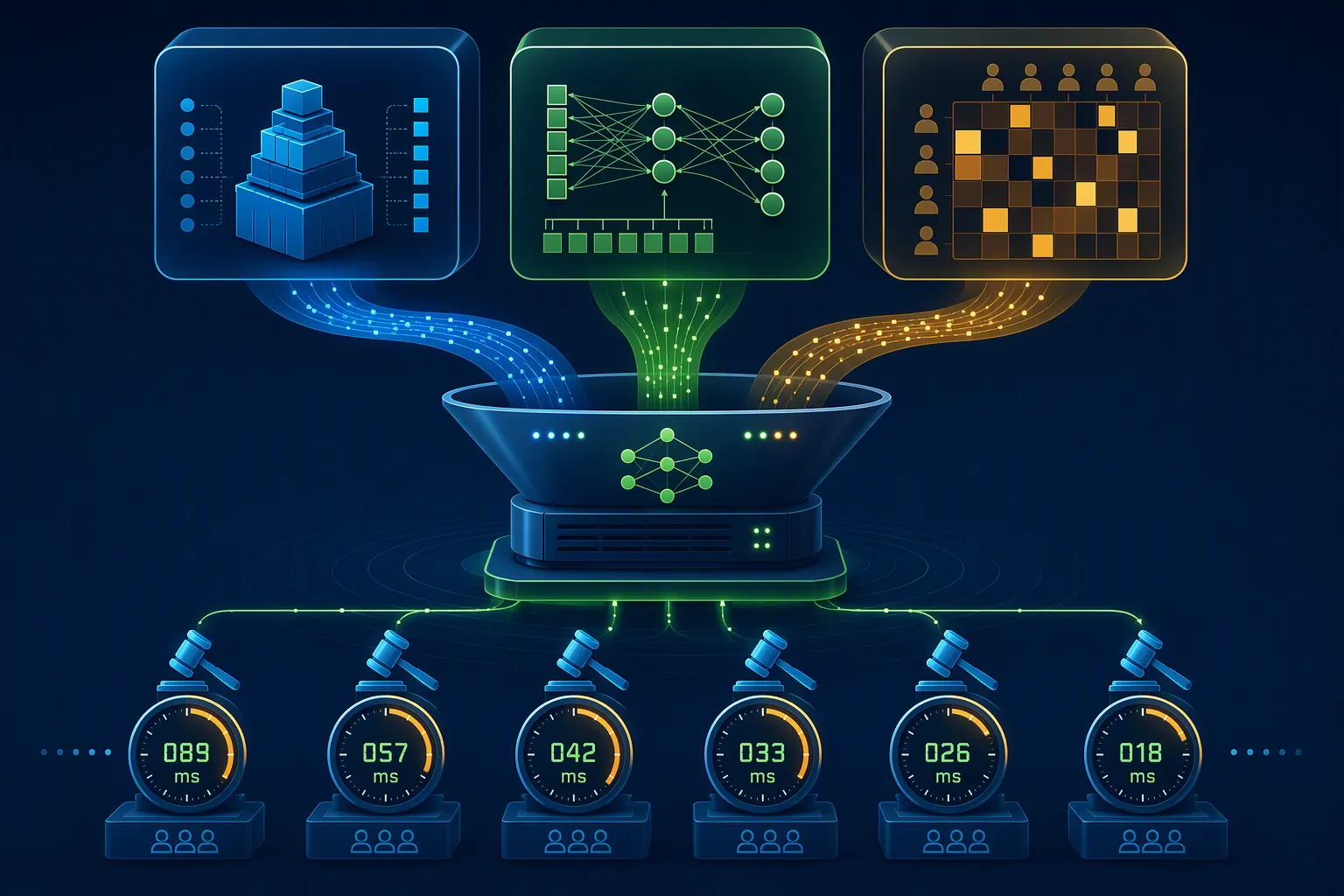 Multi-model RTB inference workflow feeding several model containers into Triton before auction clock deadlines