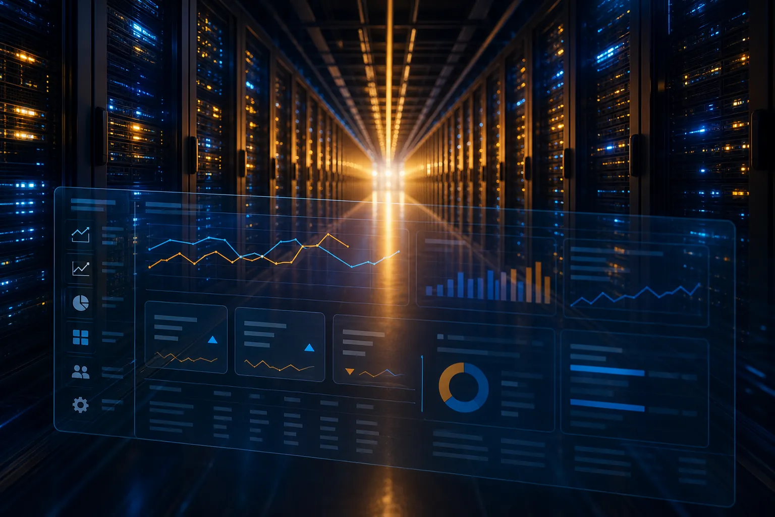 Glowing data center corridor with dashboard overlays connecting AI infrastructure to advertising tools