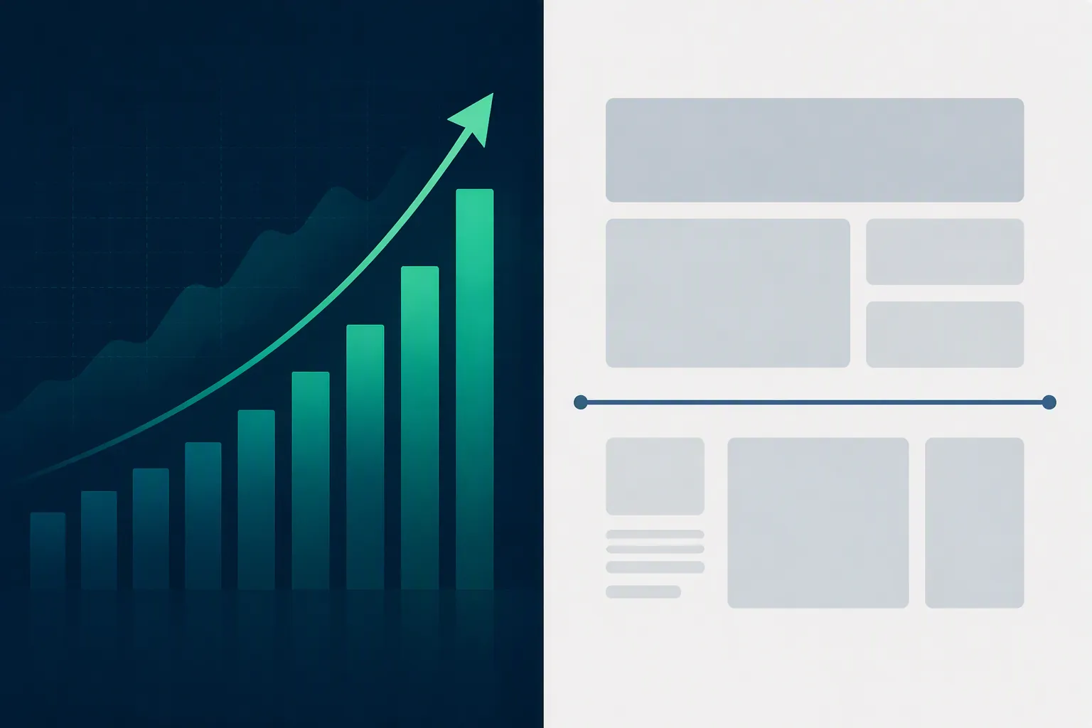 Split editorial illustration showing rising investment value on one side and unchanged ad placement blocks on the other