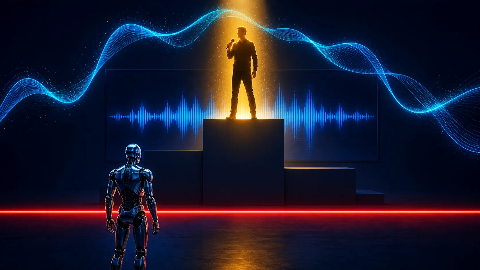 Human vocalist admitted to a music-chart podium while a robotic performer is stopped by an eligibility barrier