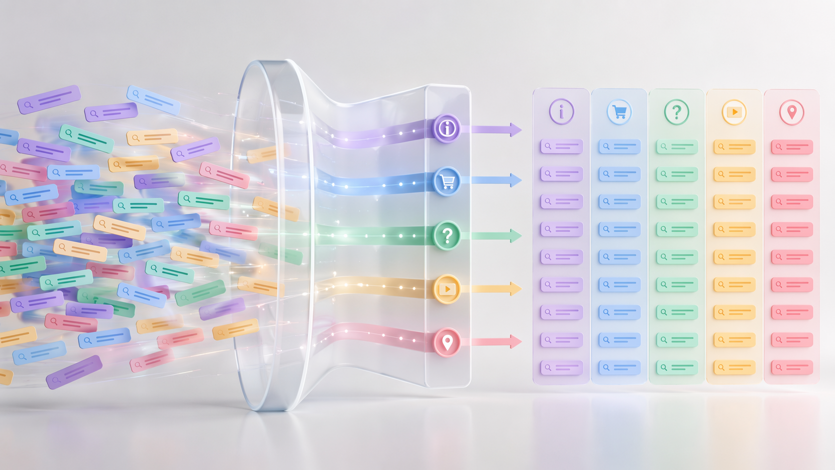 Keyword labels flowing through a sorting mechanism into color-coded intent clusters