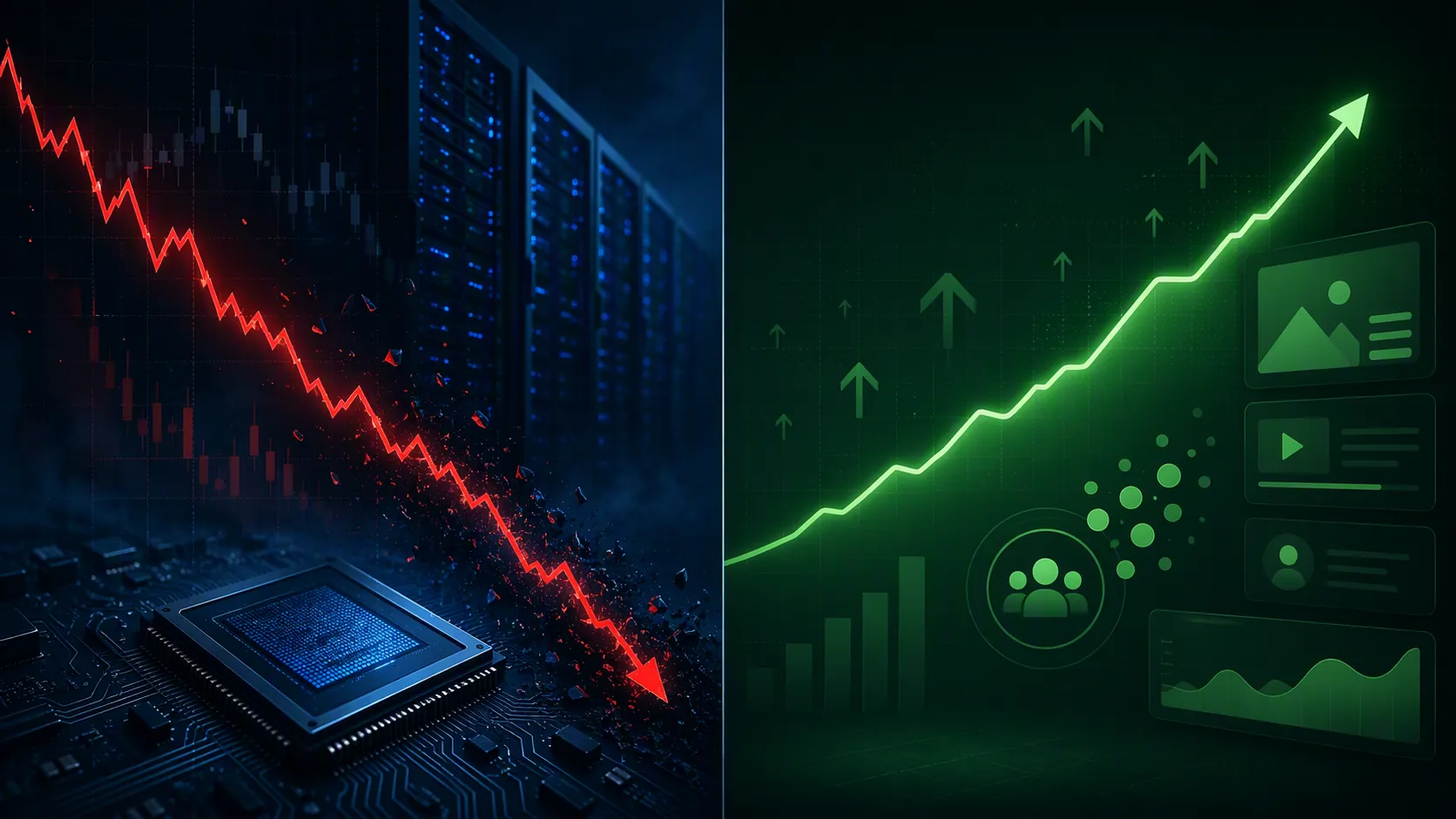 Illustration contrasting a red AI capex stock selloff with a green ad dashboard demand line