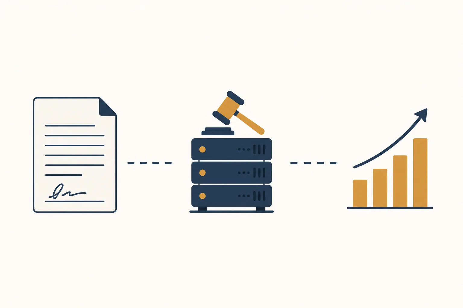 A policy document, an advertising auction server, and an ad-cost chart separated by broken connectors in the evidence chain
