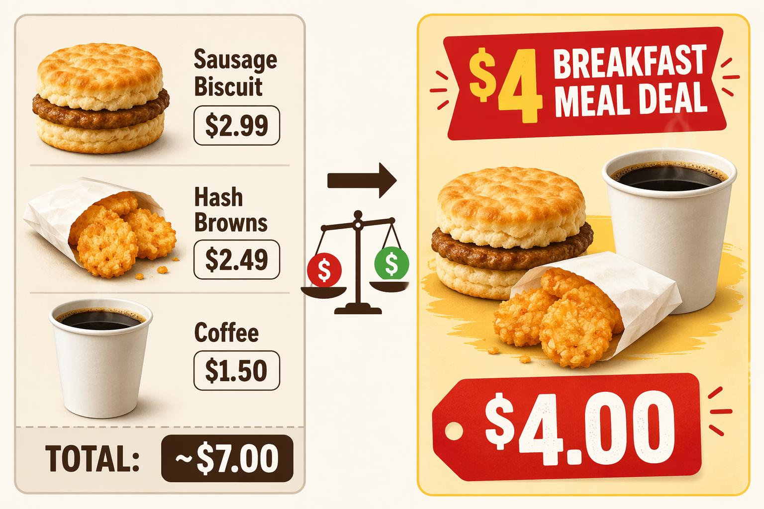 Comparison of a sausage biscuit, hash browns, and coffee priced separately at about seven dollars versus a four dollar breakfast meal deal