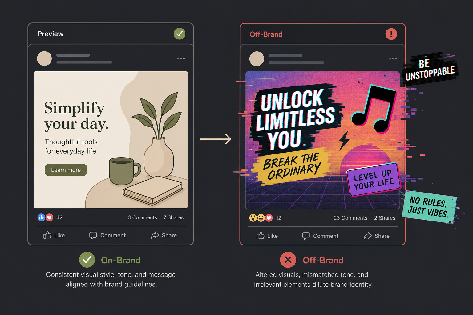 Split illustration showing an ad in Ads Manager preview on the left and a distorted off-brand version on the right.
