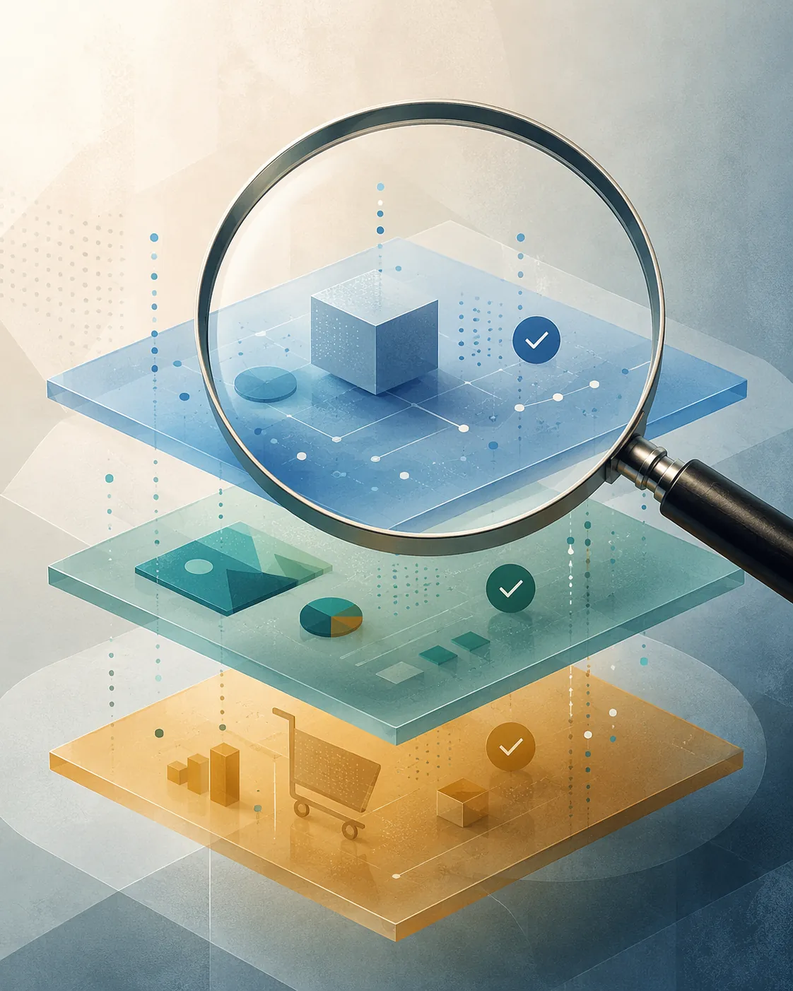Three translucent layers representing product, creative, and commerce being examined with a magnifying glass