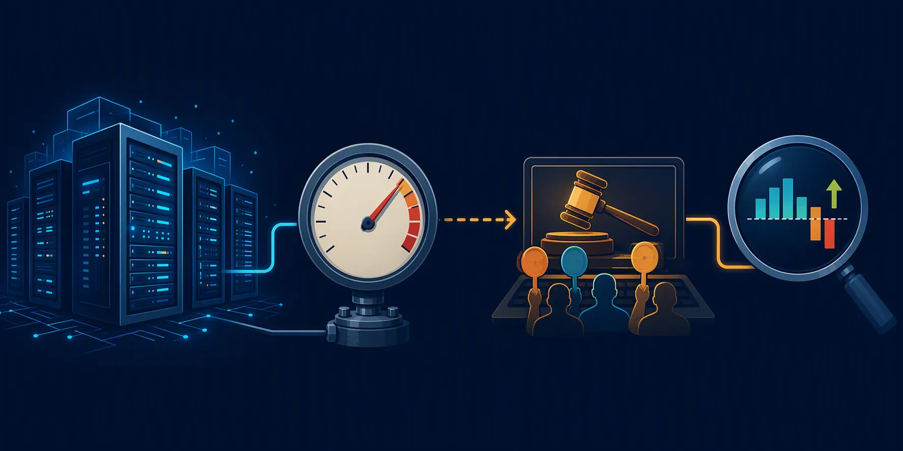 Diagram showing data center spending creating pressure before uncertain ad-auction effects are checked in metrics