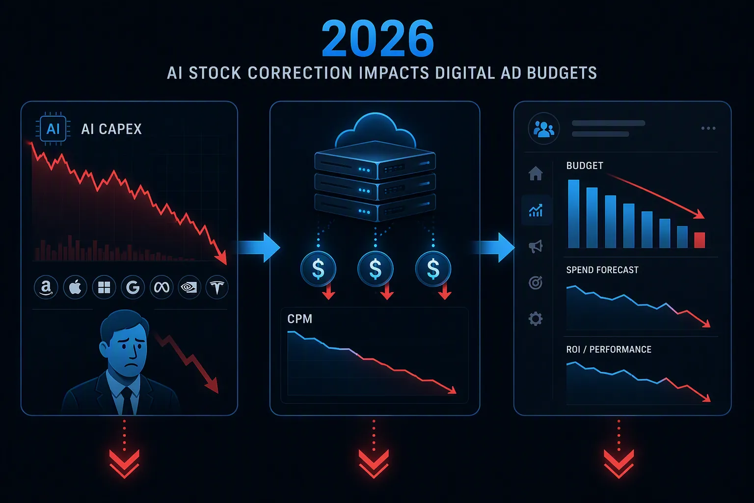 Flow diagram from AI capex pressure to platform CPM compression and advertiser budget dashboards