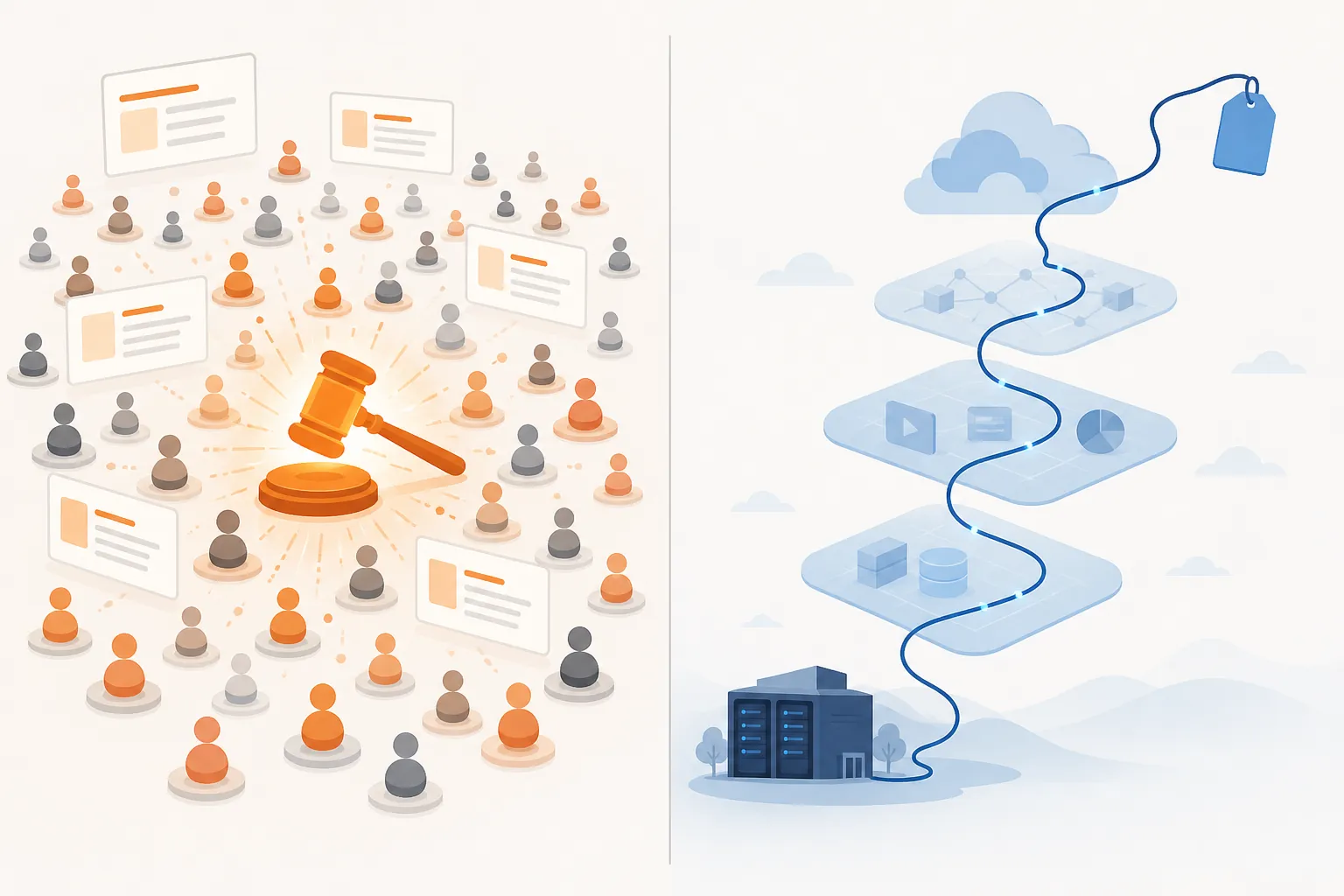 Split illustration showing auction crowding on one side and indirect data center power cost pass-through on the other