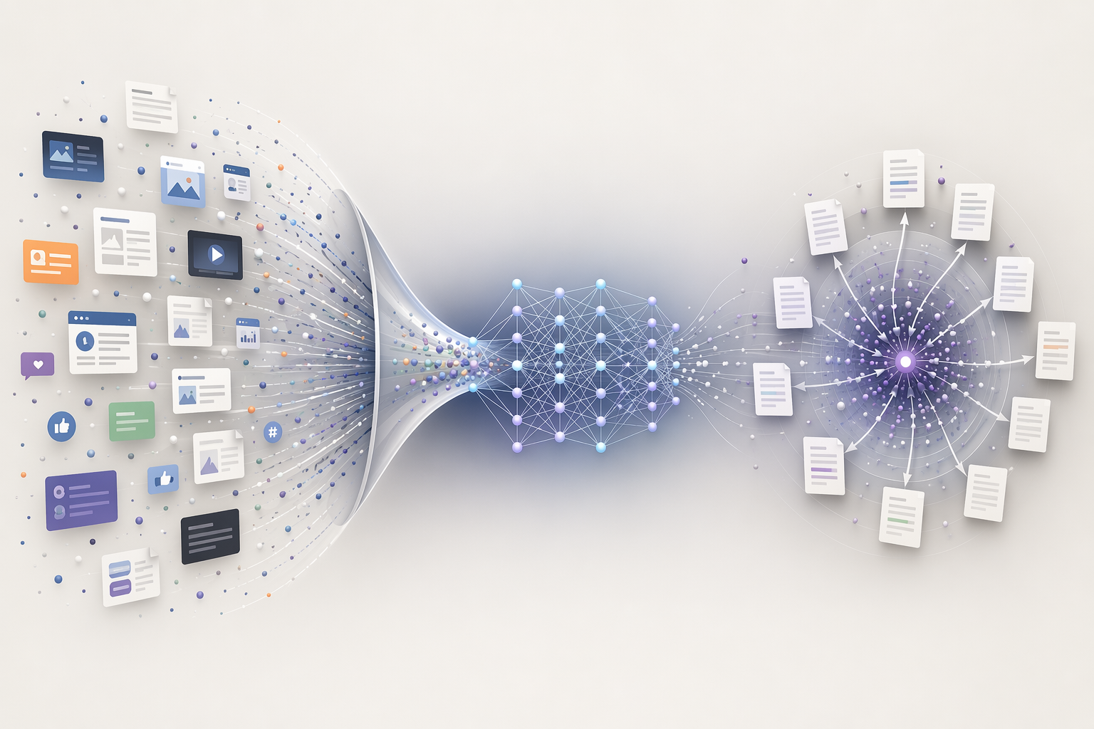 Public data sources flowing into a neural network funnel and producing output documents clustered around a center point