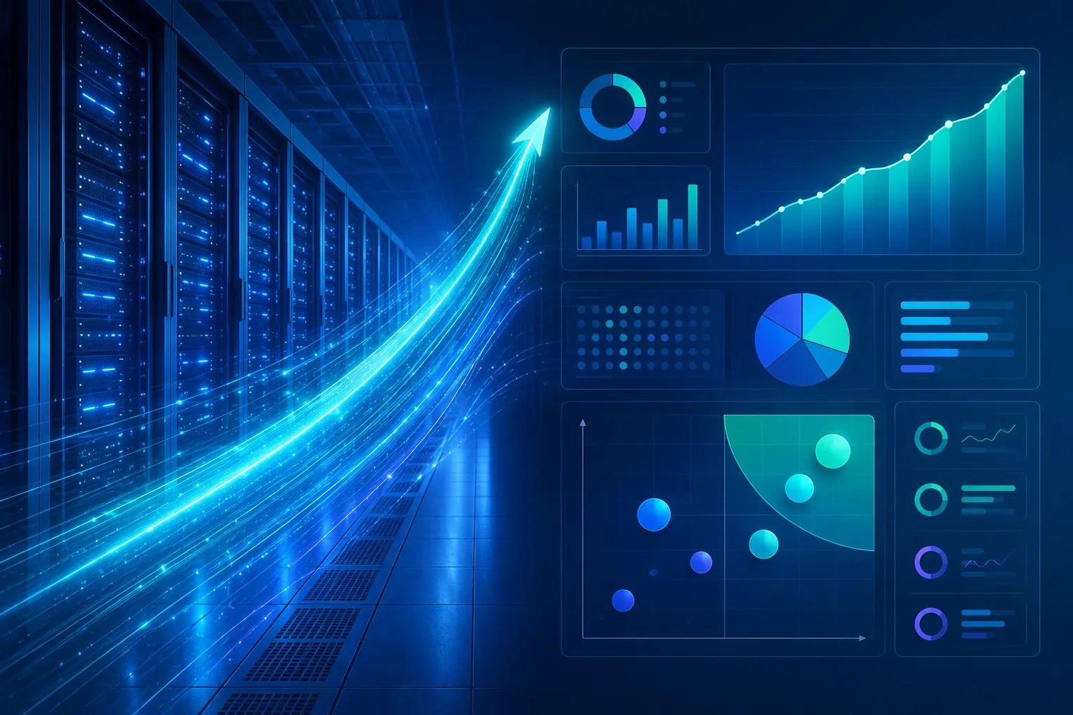 Glowing data center server aisle connected to a B2B marketing dashboard and decision chart