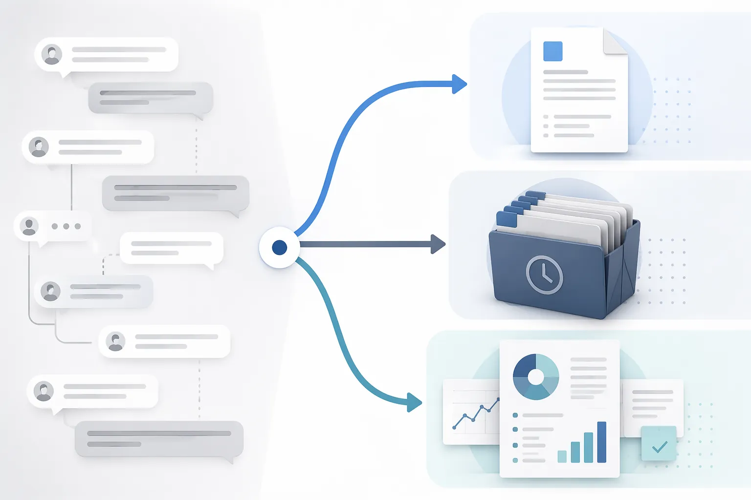 Ephemeral ChatGPT conversation bubbles splitting into one-off export, bulk JSON backup, and structured campaign documentation pathways