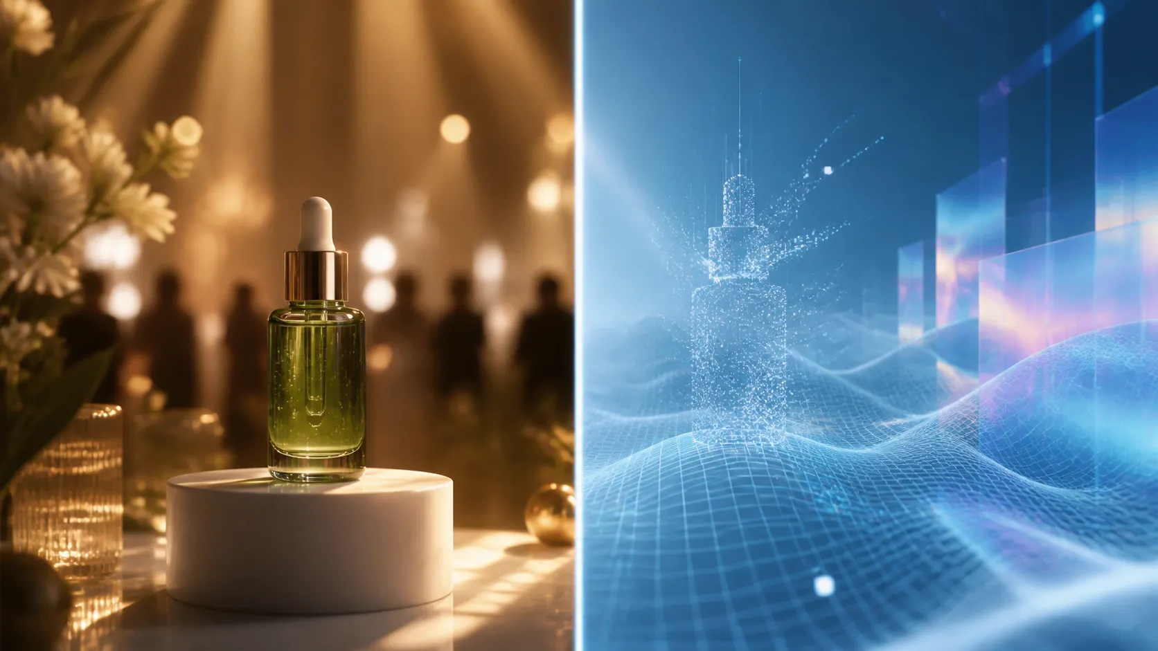 Premium beauty campaign scene contrasted with digital AI creative grids