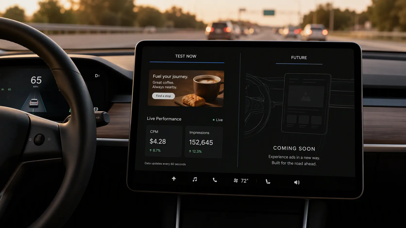 Car dashboard infotainment screen showing a digital advertising interface beside a future dashboard concept