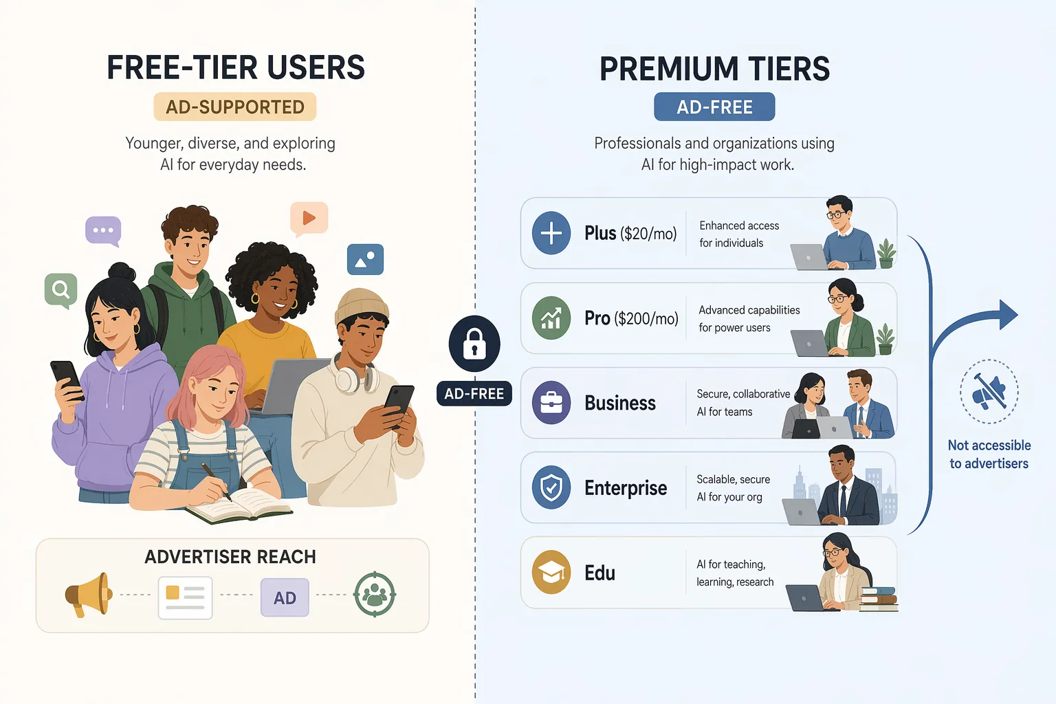 ChatGPT user segmentation showing ad-supported free users separated from ad-free Plus, Pro, Business, Enterprise, and Edu tiers