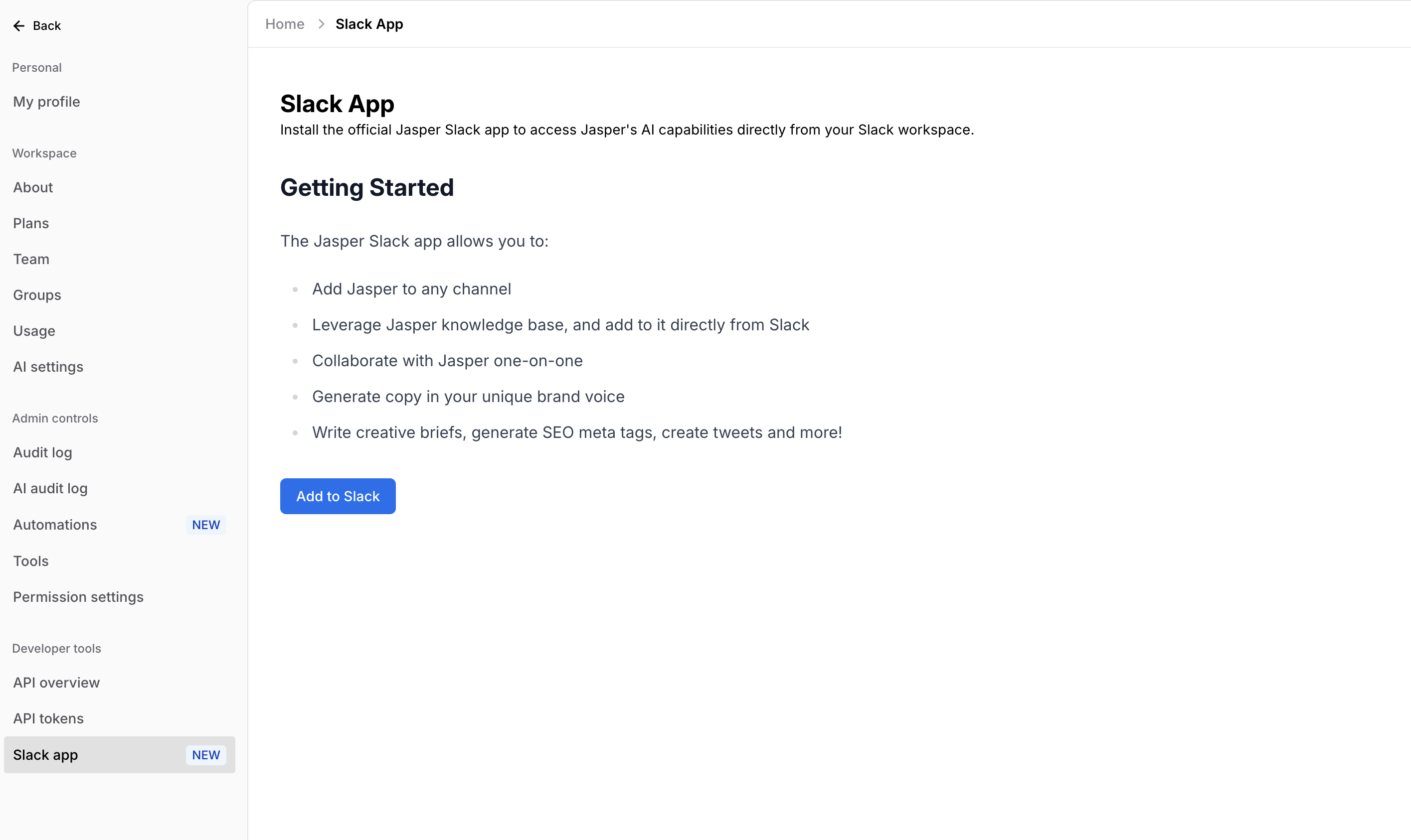 Jasper Slack App interface showing an AI agent producing structured channel context analysis and strategy brief generation options inside Slack