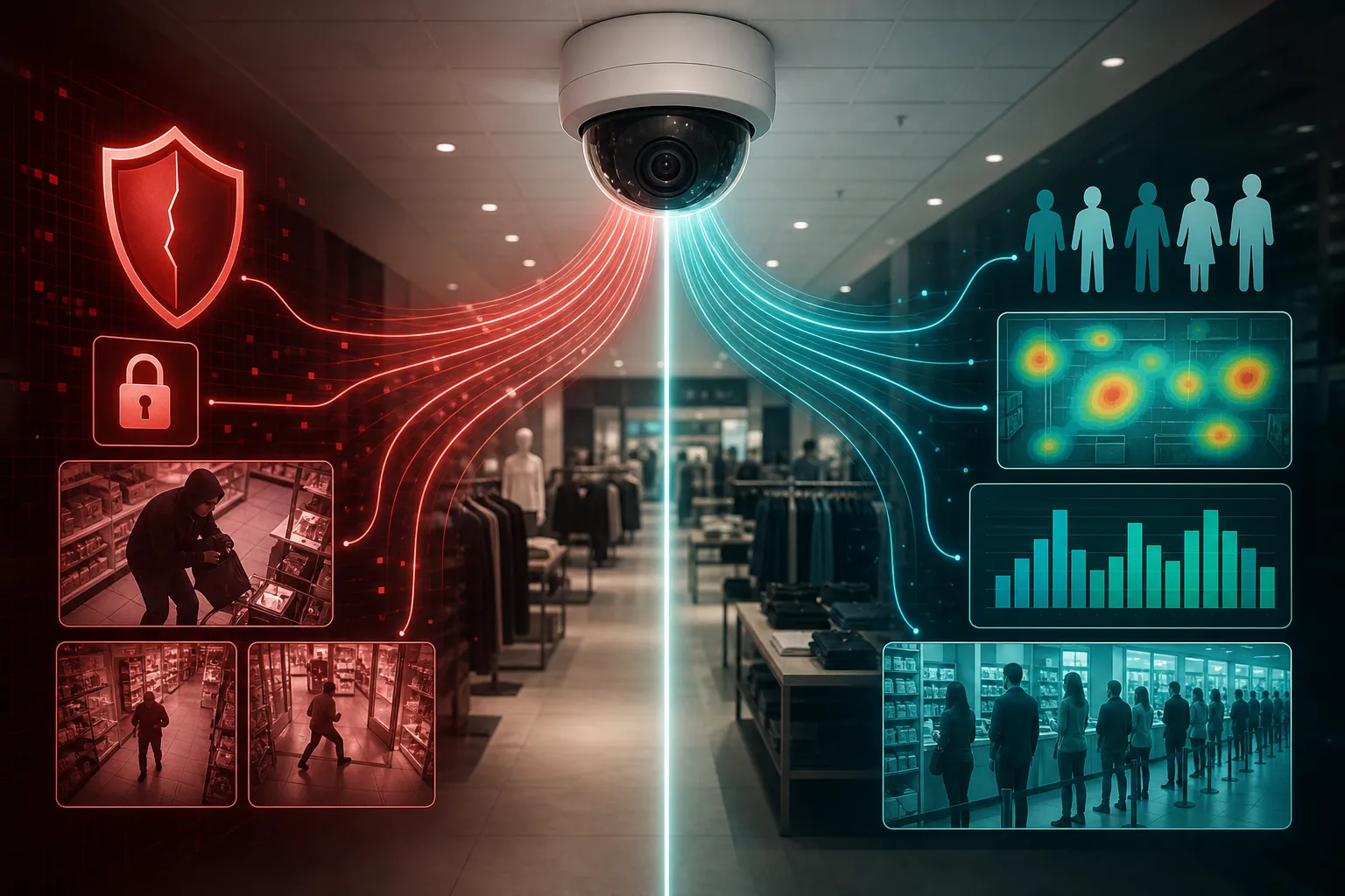 Retail ceiling camera splitting into separate security and marketing analytics pipelines