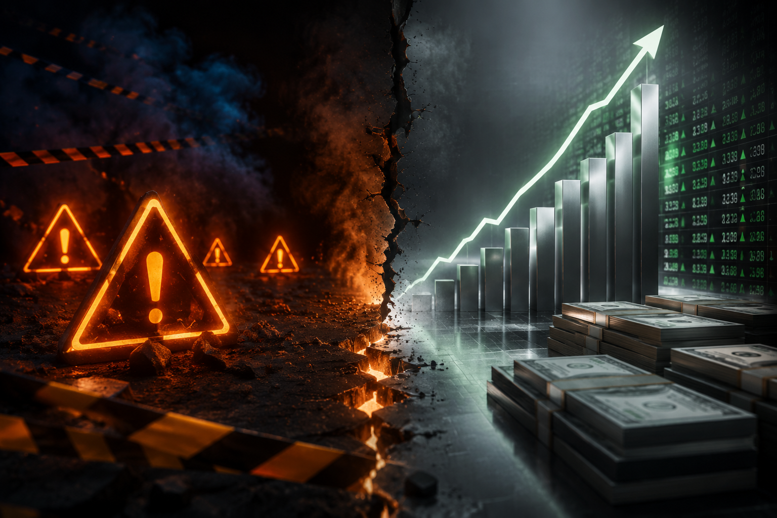 A conceptual split between AI safety warnings and financial growth charts