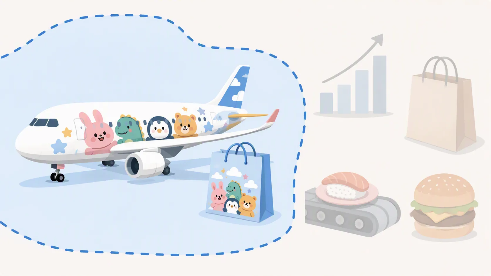 Illustration separating verified Chiikawa Jet campaign assets from outside commercial context icons
