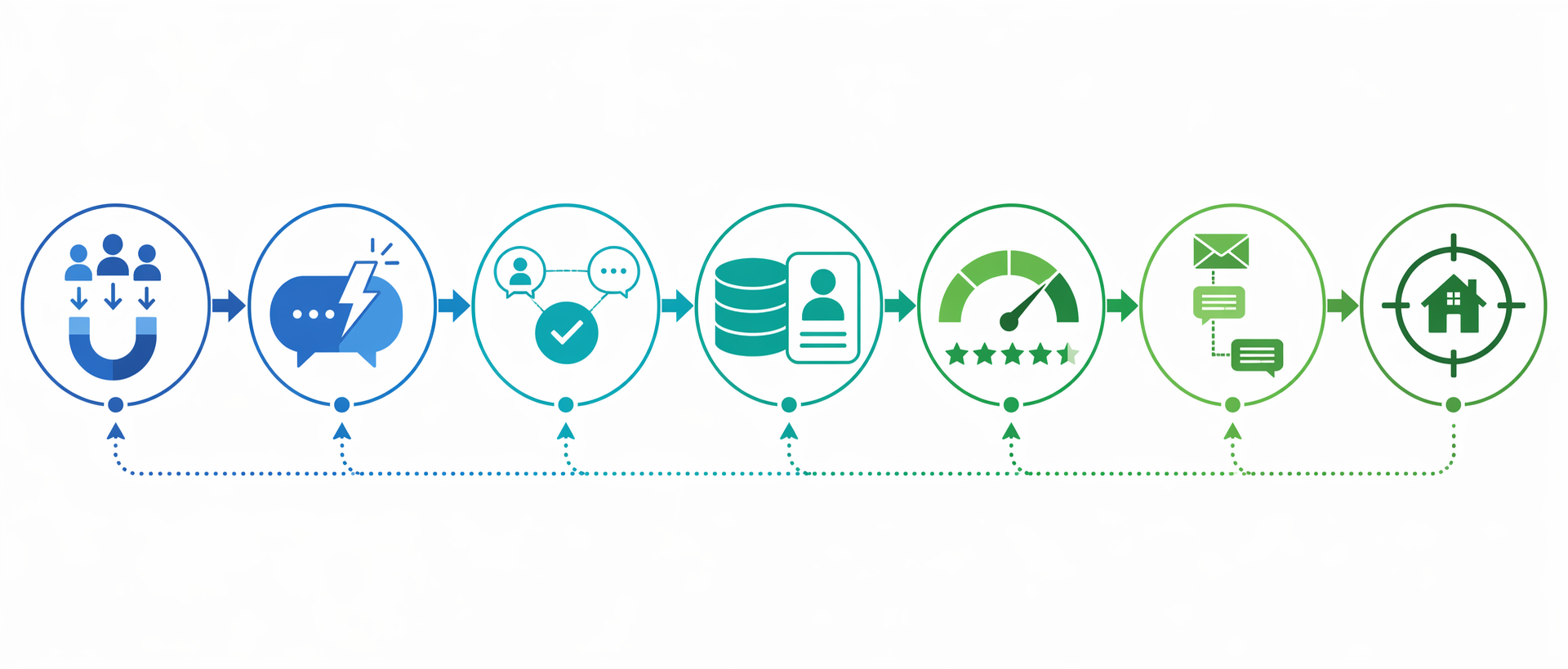 Seven-stage AI-powered real estate lead generation pipeline from capture to predictive targeting