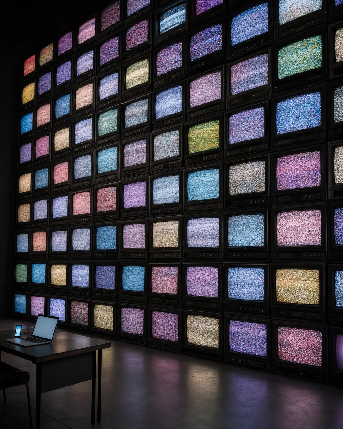 Wall of vintage televisions towering over a small desk with a smartphone and laptop