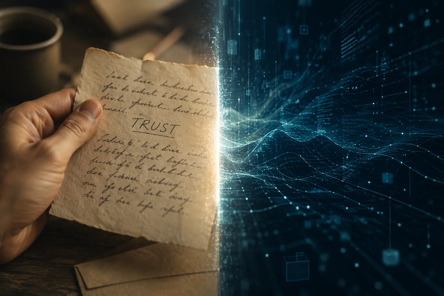 Warm human handwriting transitioning into cool digital network patterns