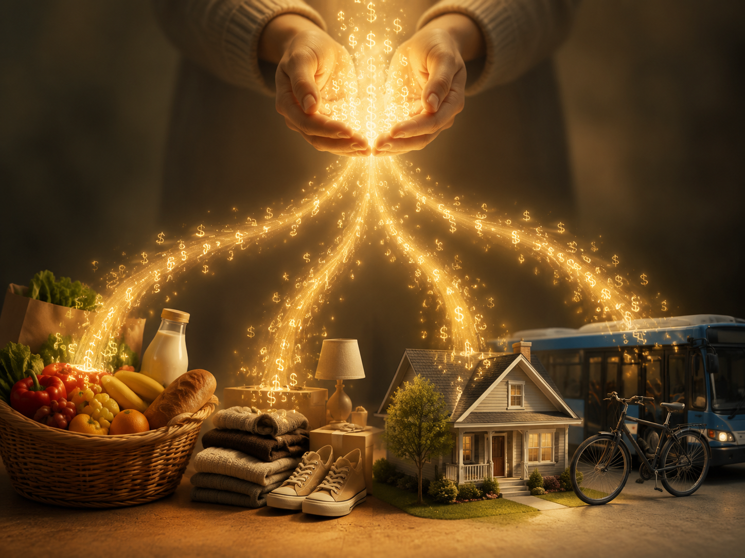 UBI payment streams flowing into groceries, retail goods, housing, and transportation