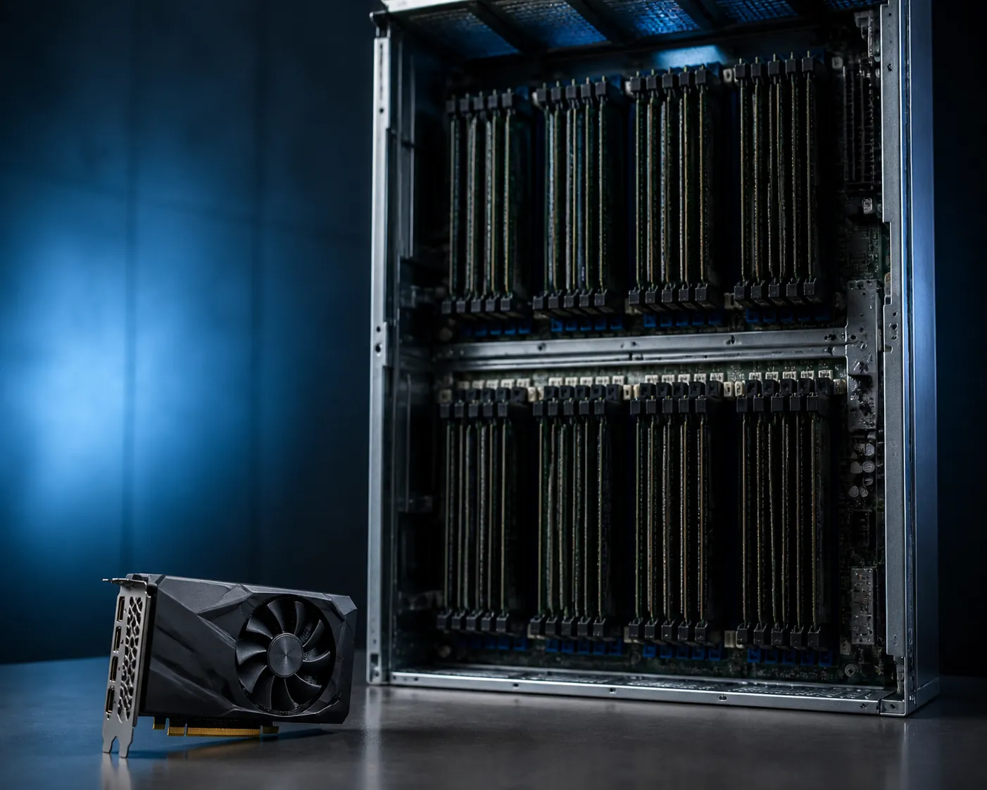 A small desktop graphics card beside a tall open server chassis packed with memory modules