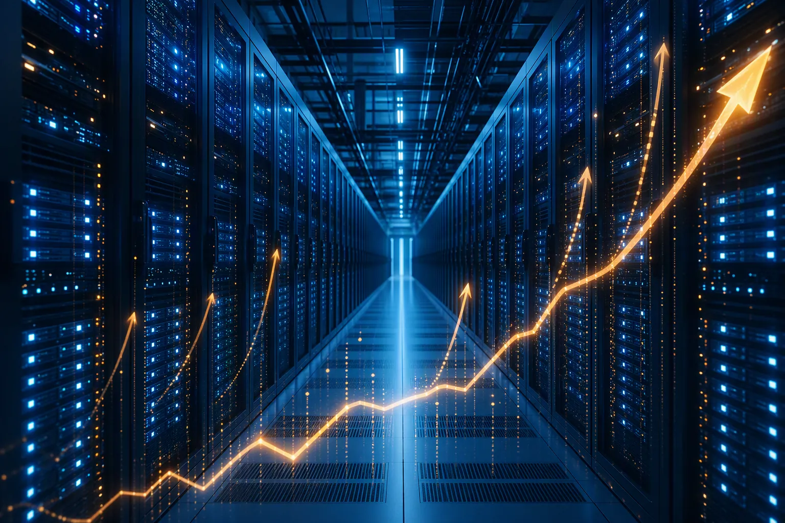Futuristic data center corridor with glowing auction price indicators suggesting rising ad cost pressure