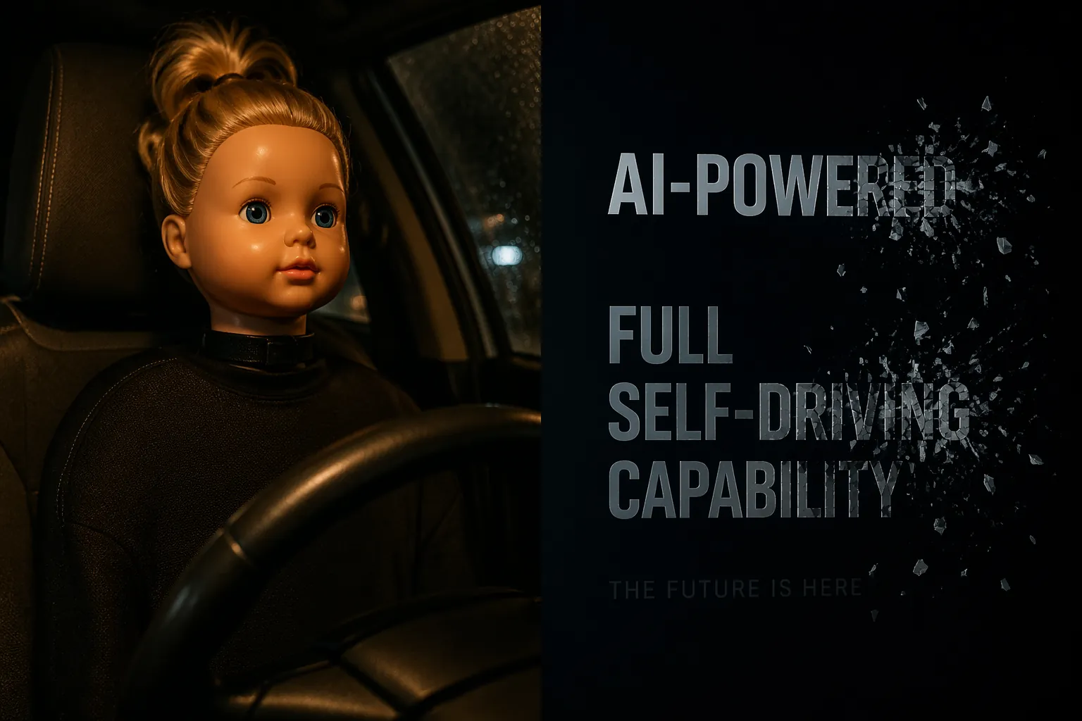 Cheap plastic doll head on a car seat contrasted with dissolving AI marketing claims