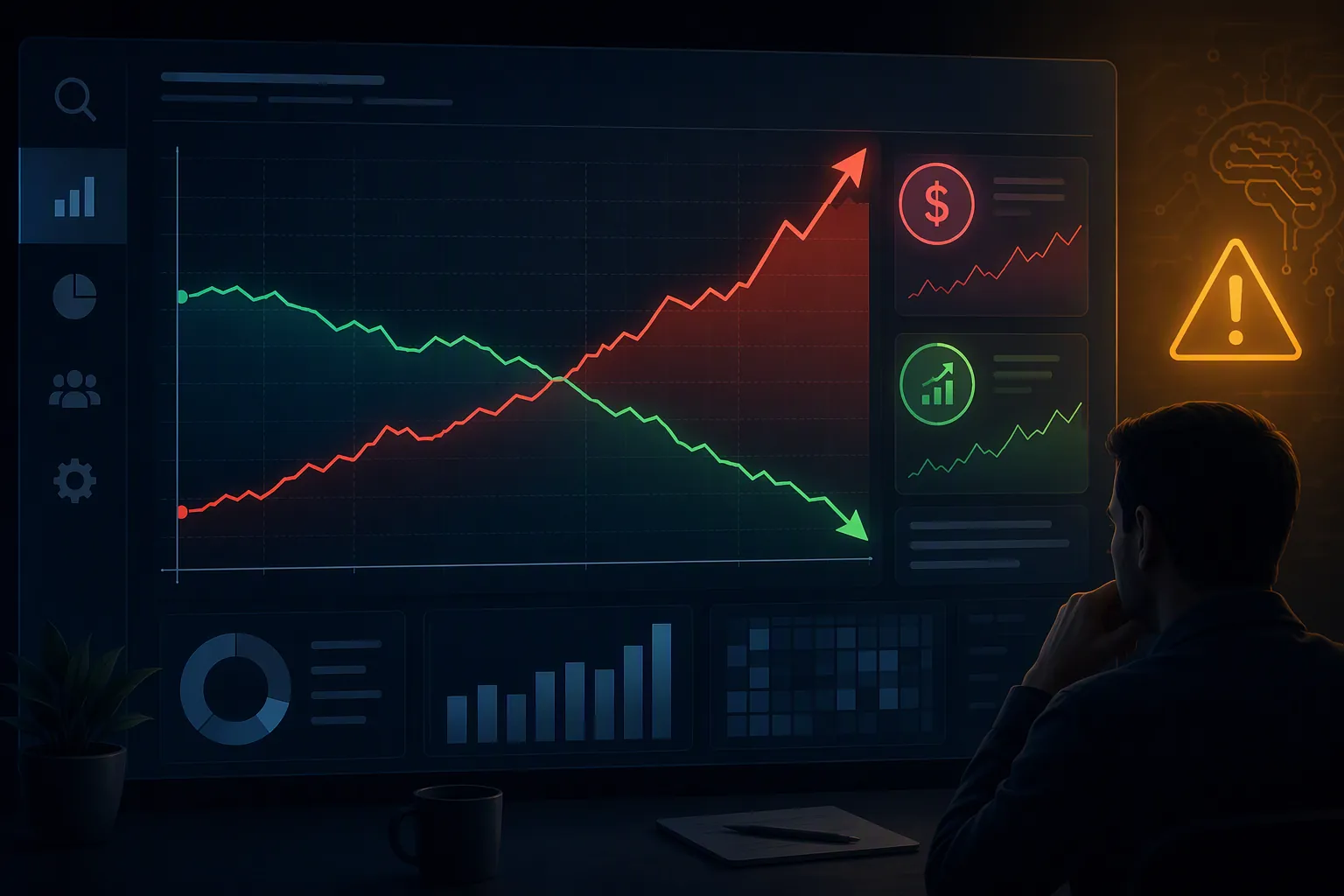 Digital marketing analytics dashboard with a red cost line rising as a green return line falls