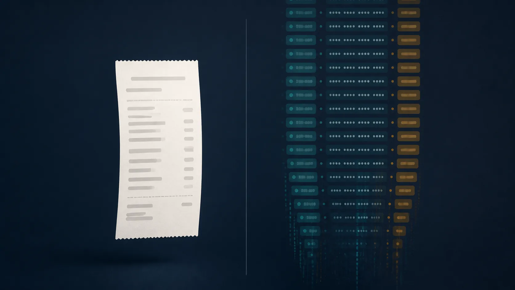 A pristine receipt contrasted with rows of transaction records