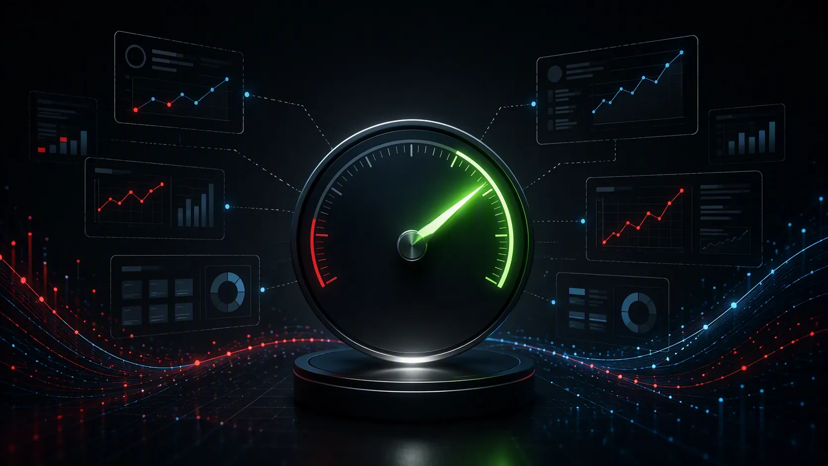 Dark benchmark gauge surrounded by abstract advertising dashboard data