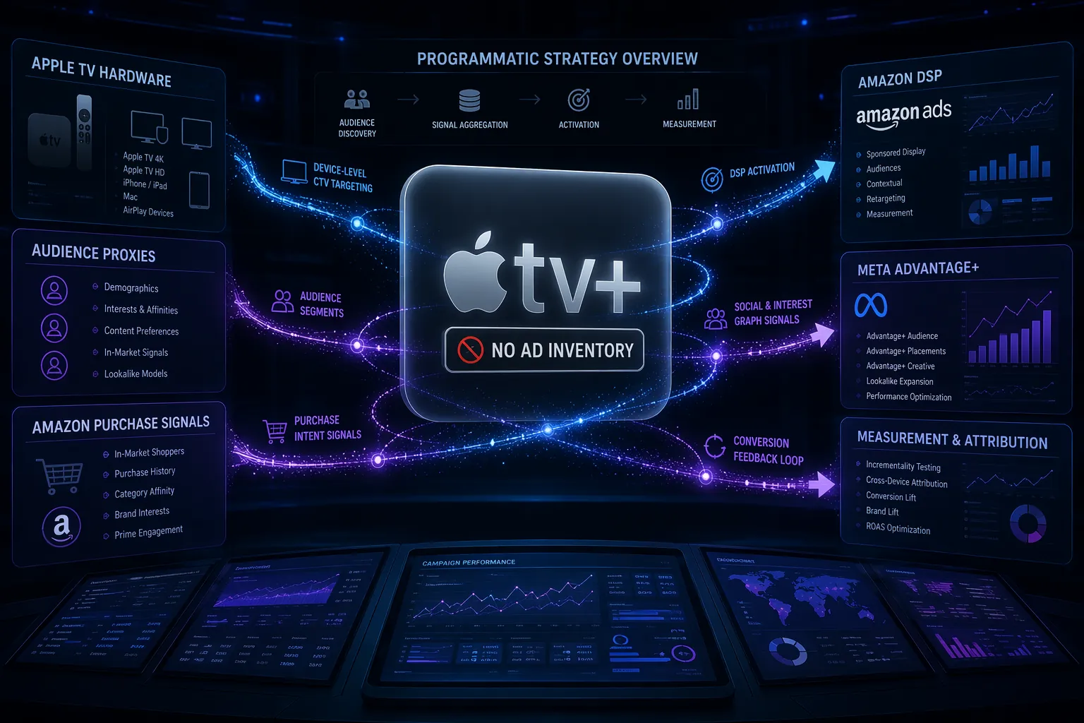 Programmatic advertising dashboards showing Apple TV Plus no ad inventory and targeting workaround routes