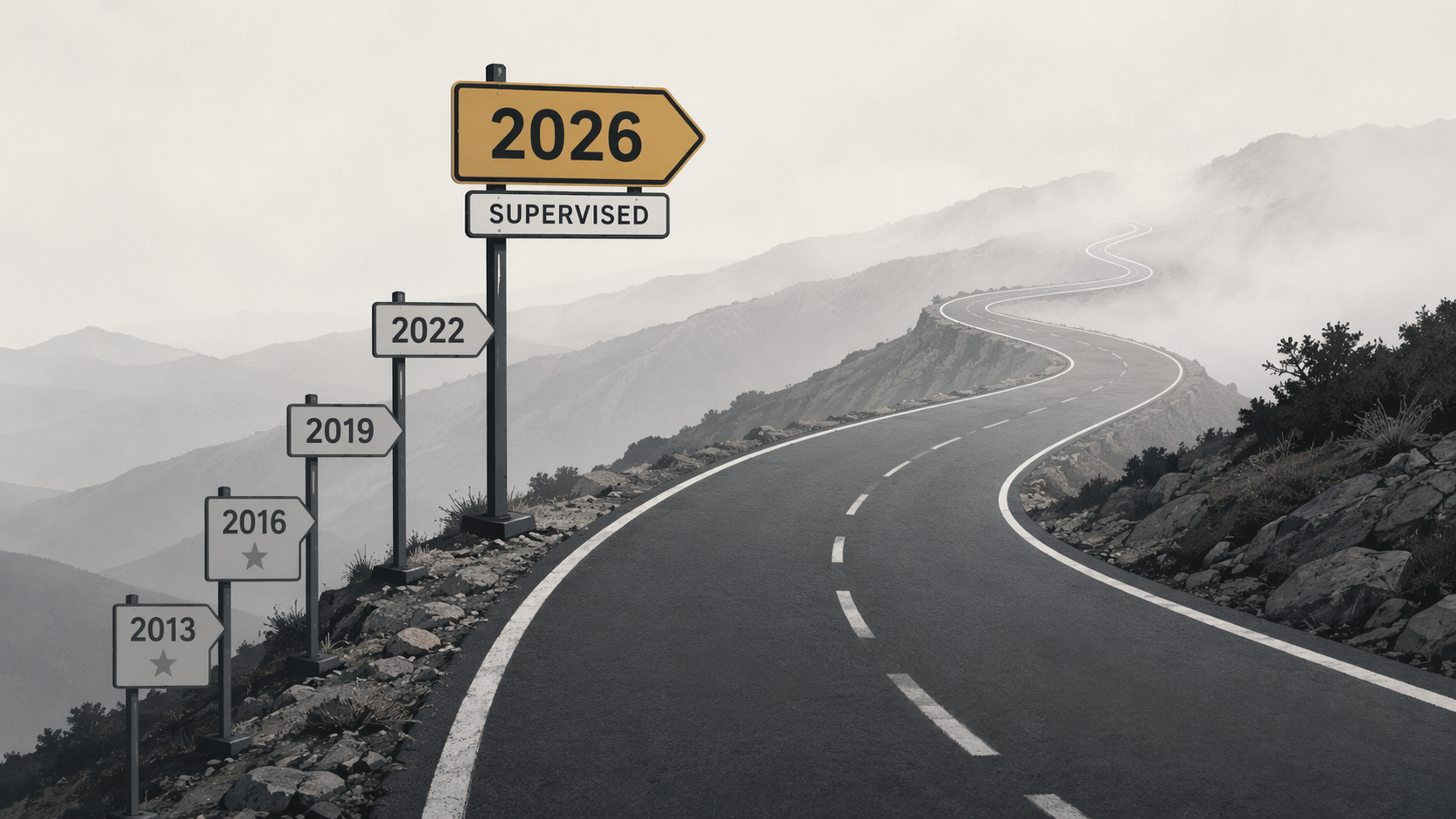 Timeline road from 2013 to 2026 ending at a supervised signpost