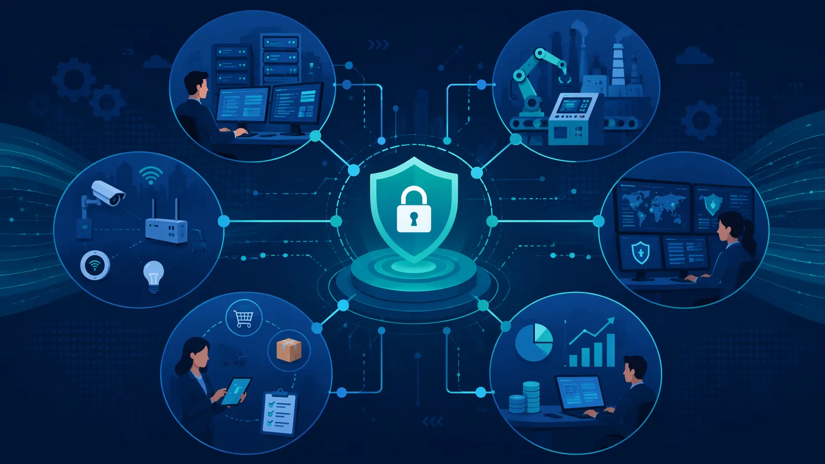 Connected enterprise nodes for IT, OT, IoT, security, procurement, and finance merging into a unified workflow