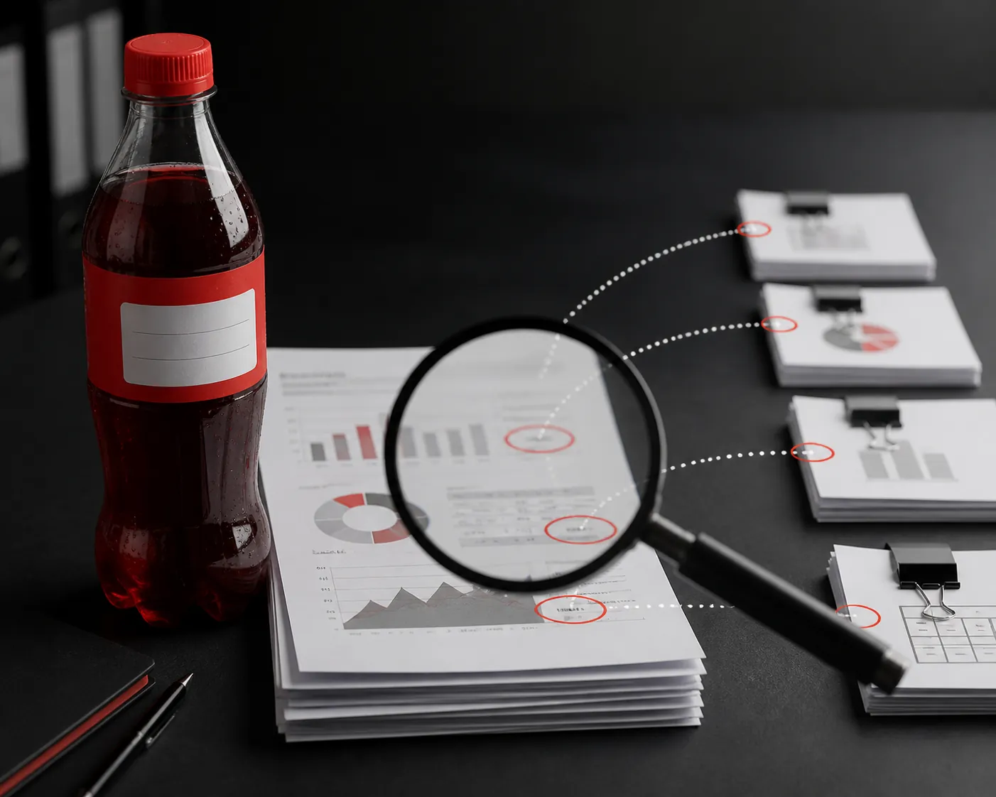 A red soda bottle, performance reports, and a magnifying glass linking figures to source papers