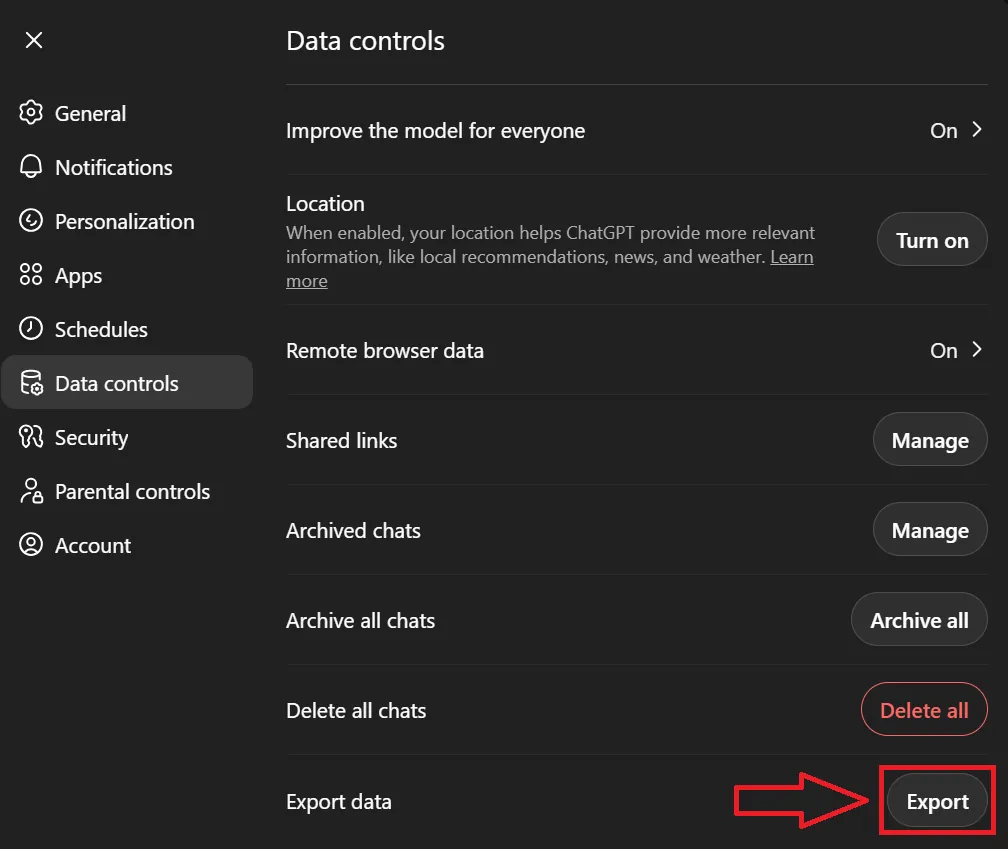 ChatGPT settings Data Controls page with the Export Data button visible