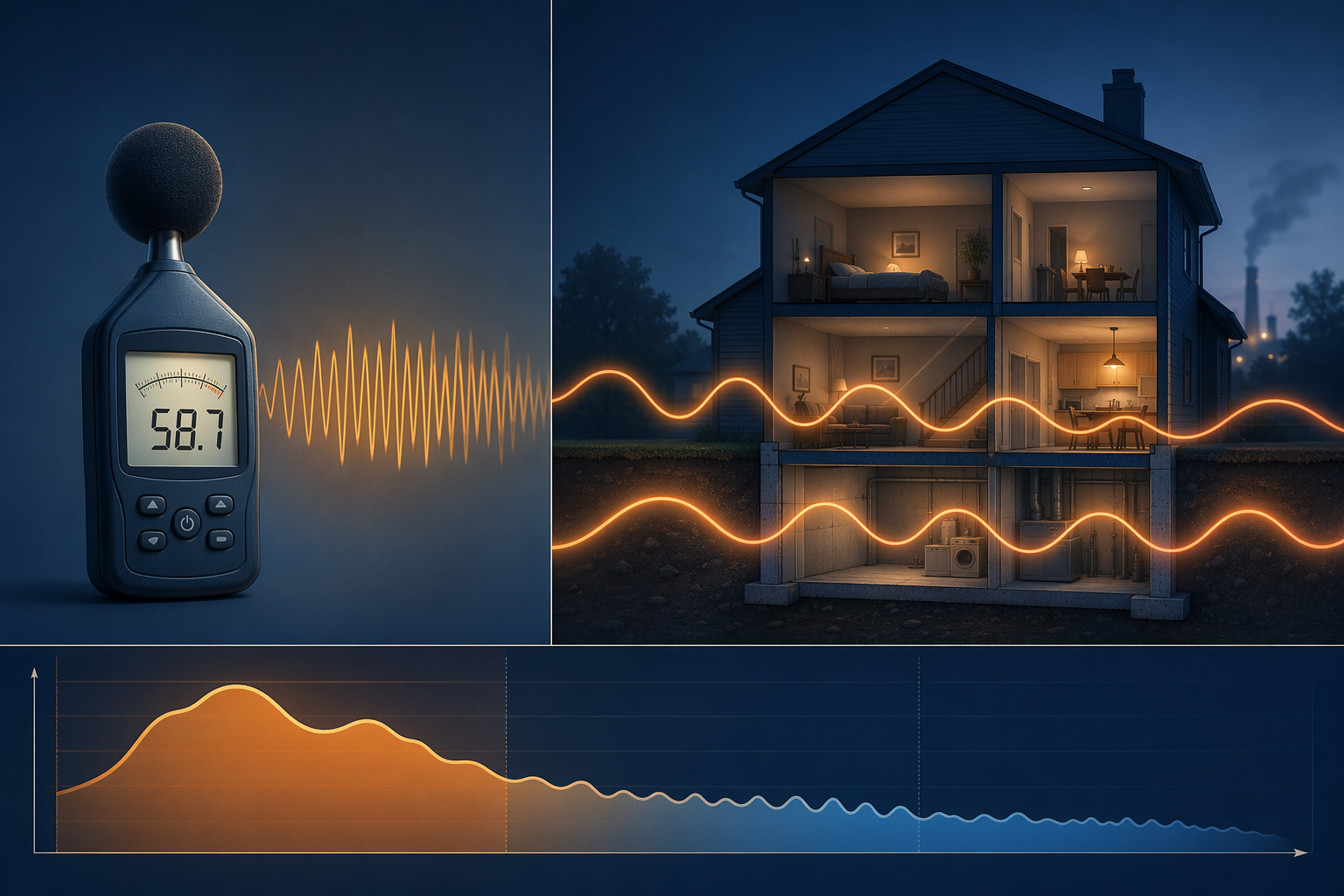 Comparison of a standard dBA meter and low-frequency waves passing through a house undetected