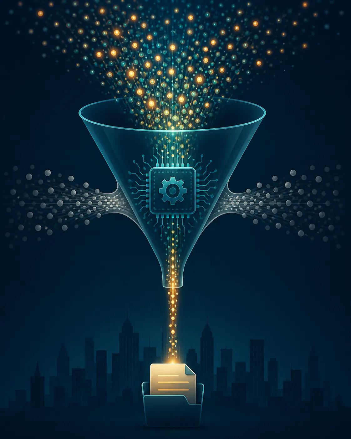 Funnel filtering many ad signals into a small stream of qualified legal-case documents above a city skyline