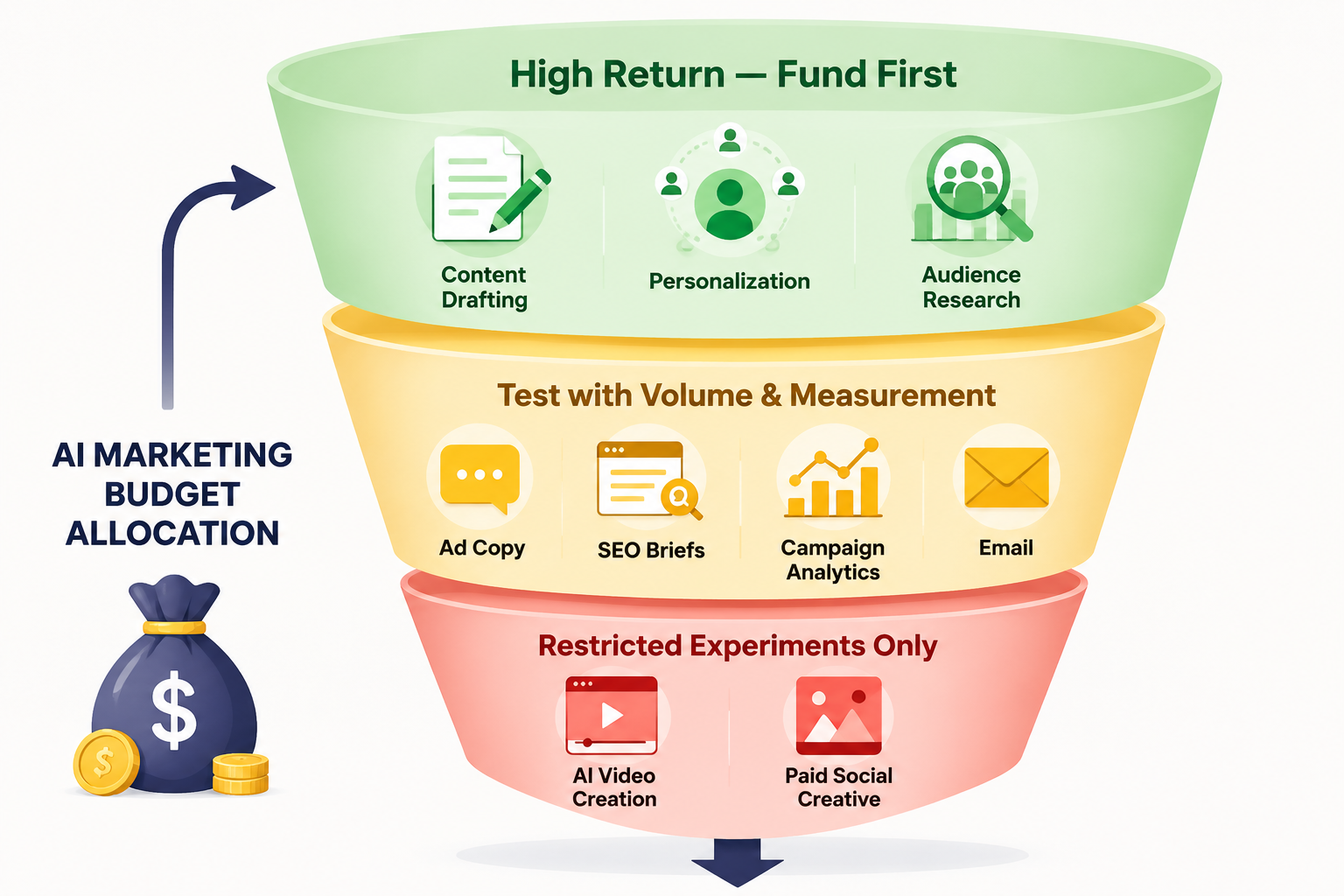 Three-tier AI marketing budget allocation framework showing high-return use cases, measured tests, and restricted experiments