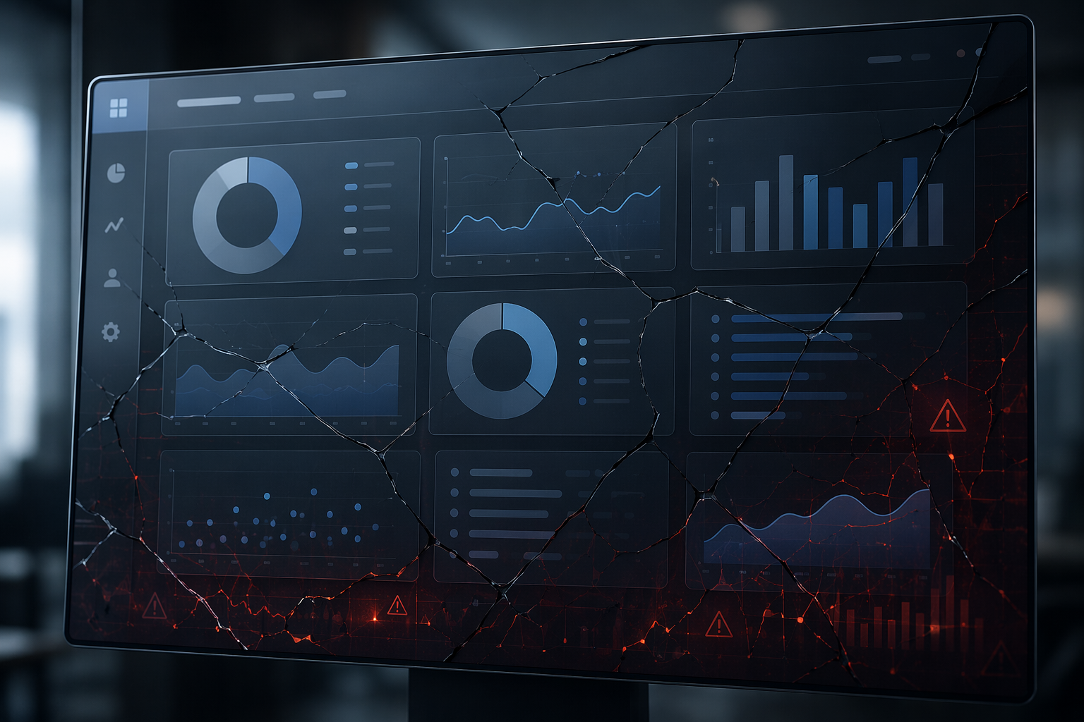 Marketing analytics dashboard with hidden cracks and warning indicators