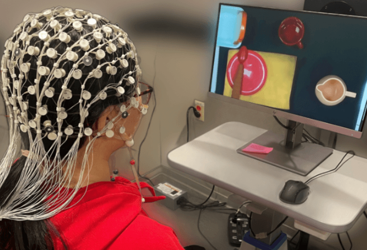 Stanford NOIR system with a person wearing an EEG cap while a robot performs an everyday manipulation task