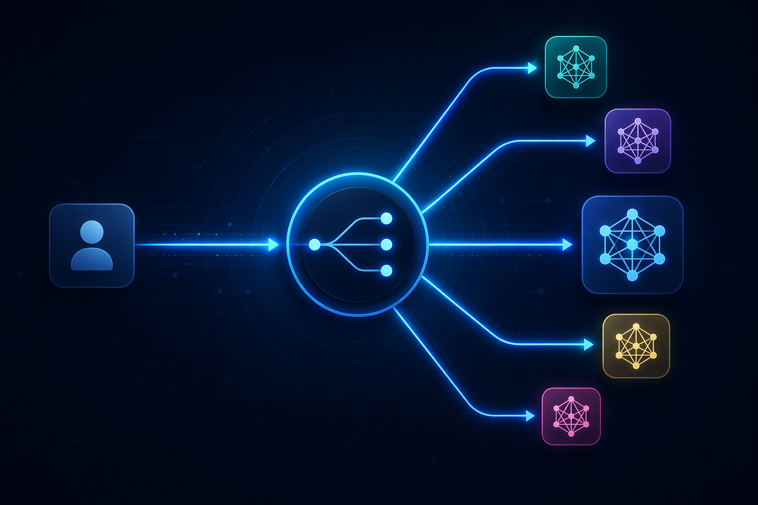 A central routing icon branching to multiple AI model nodes, representing multi-model routing