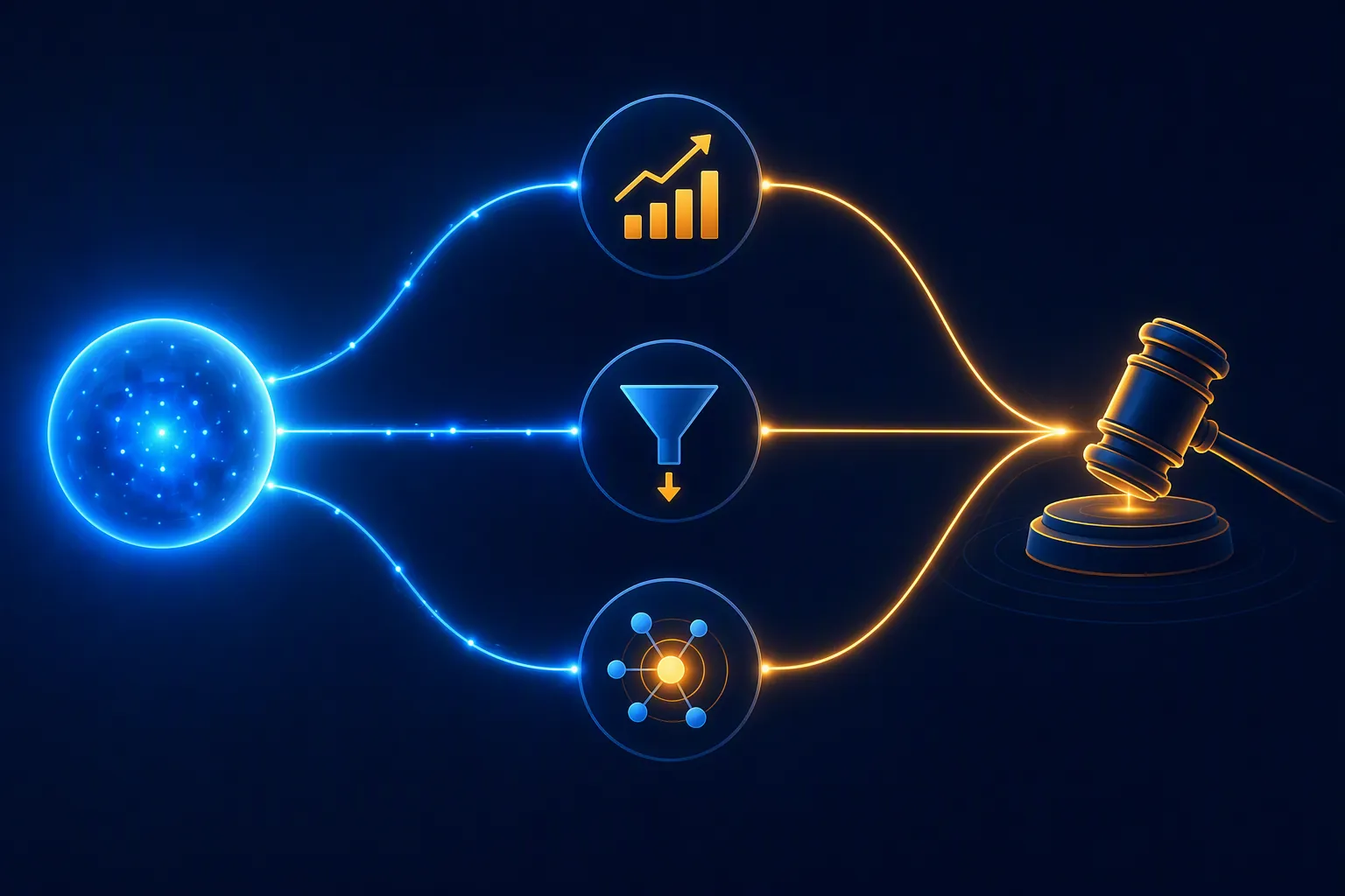 Three auction mechanisms branching from AI pressure into a bidding auction